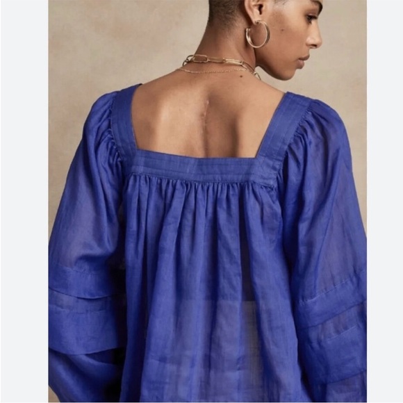 Banana Republic Semi-Sheer Square Neck Ramie Blouse Balloon Sleeves in Blue XS - Picture 1 of 13